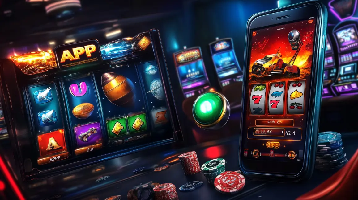 A smartphone showcases a classic slot machine game interface with sevens and fruit symbols, surrounded by floating dice, chips, and a rocket.