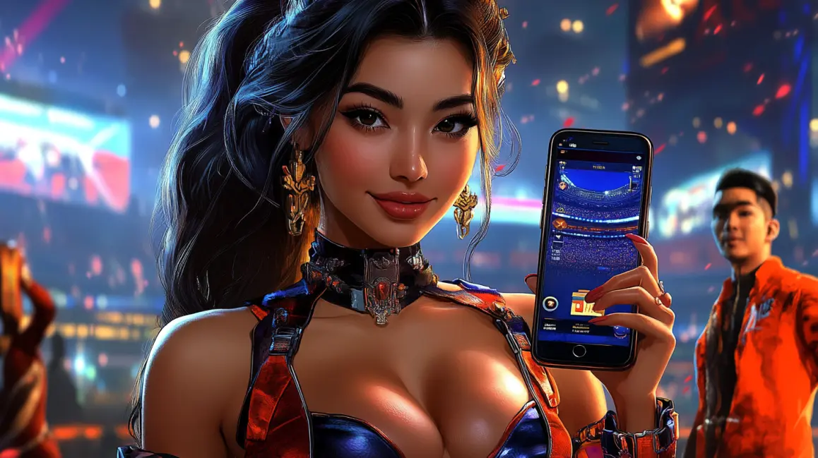 A close-up of a smartphone displaying a futuristic slot game with the word APP, set against a background of brightly lit physical slot machines in a casino.