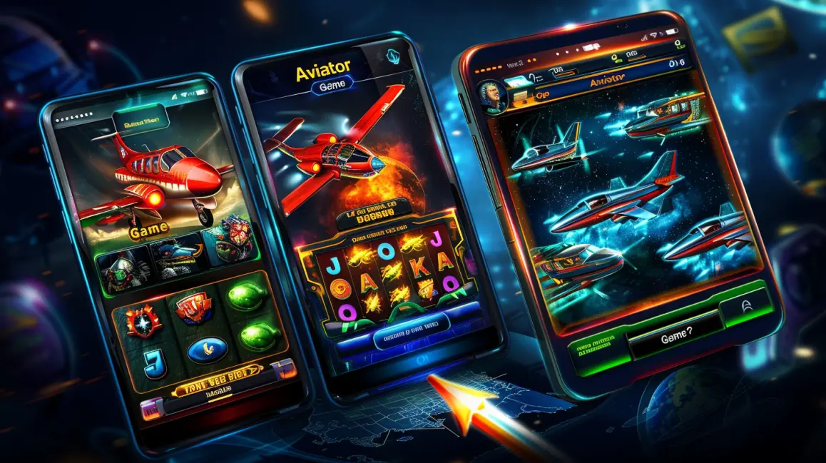 Multiple smartphones display the popular Aviator crash game interface, featuring red and green airplanes flying across a stylized map background.