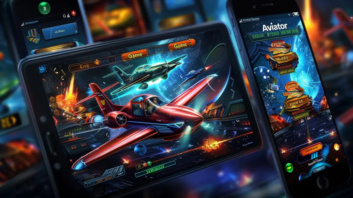 A smartphone and a tablet showcase the Aviator game, with different airplanes flying through a futuristic cityscape, ready for players to bet on.