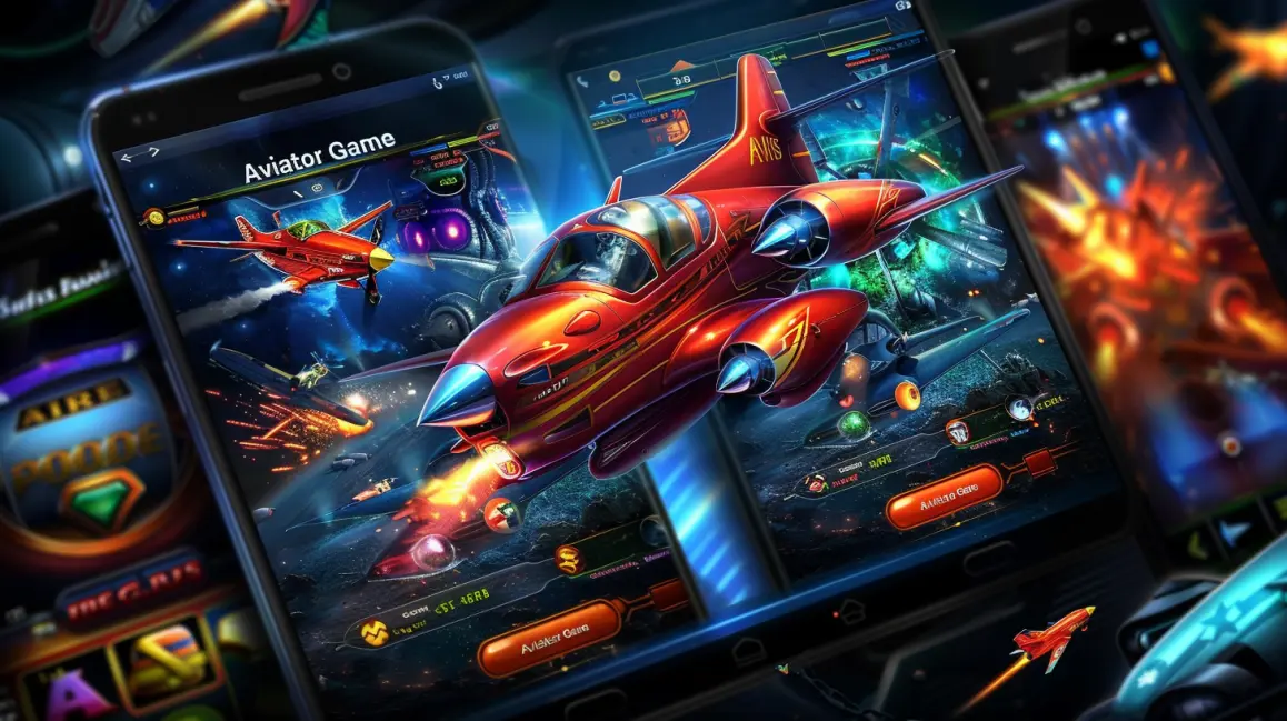 A detailed view of the Aviator game on multiple mobile screens, with a large red propeller plane taking off and leaving a trail of fire.