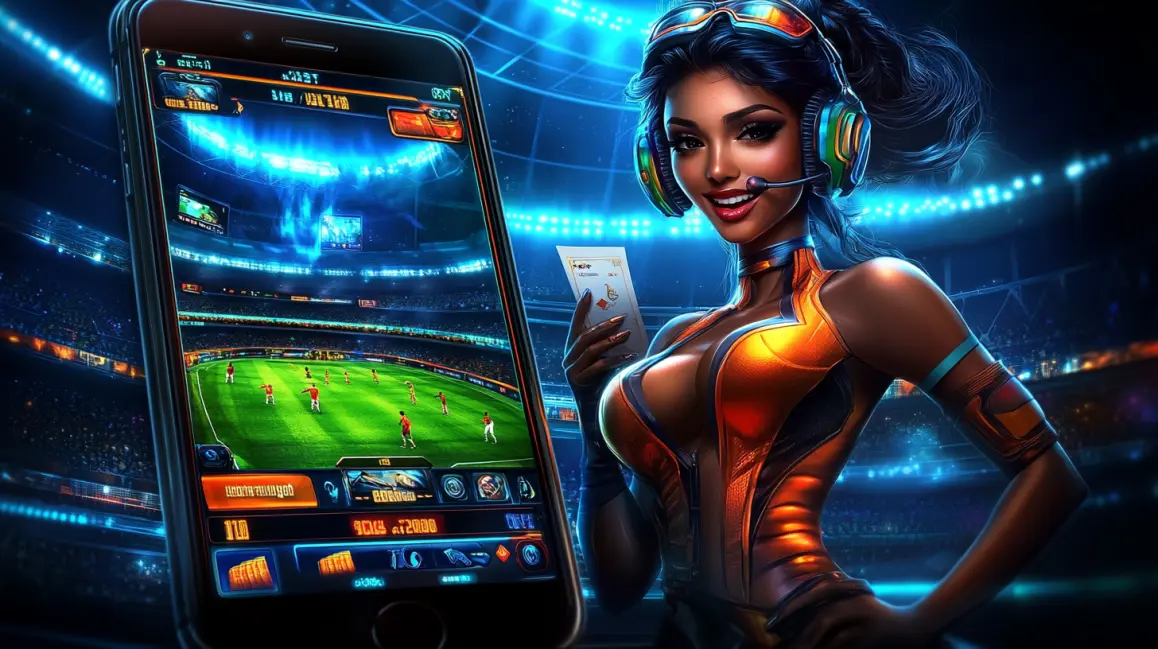 A stylish cat-girl with blue hair and cat ears sits in a dynamic sports stadium surrounded by footballs and basketballs, holding a phone for betting.