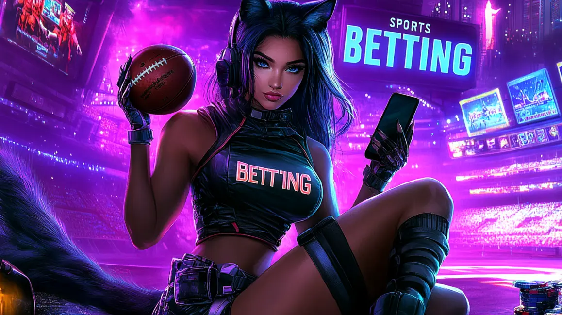 A woman in a beautiful orange dress holds a smartphone and winning cards at a sports stadium, ready to place a bet on the game.