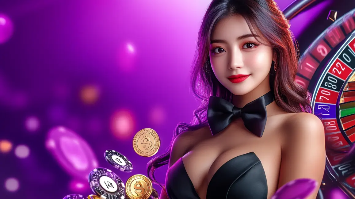 A blue-haired girl in a leather outfit holds a smartphone displaying a slot game featuring a cute red fox character in a neon-lit city setting.