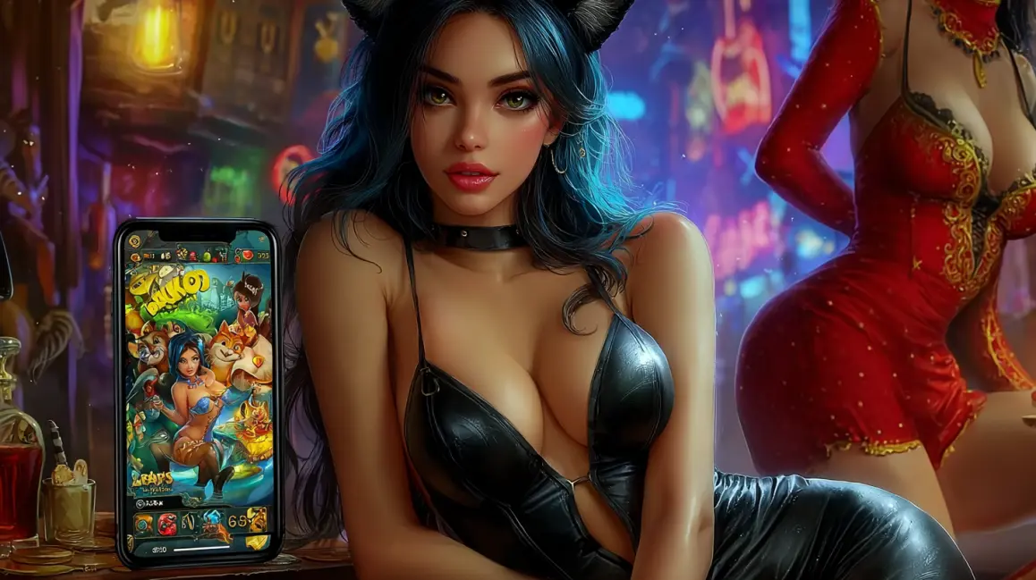 A cat-girl with blue hair holds a phone showing a colorful cartoon game with fantasy characters, set inside a cozy tavern environment.