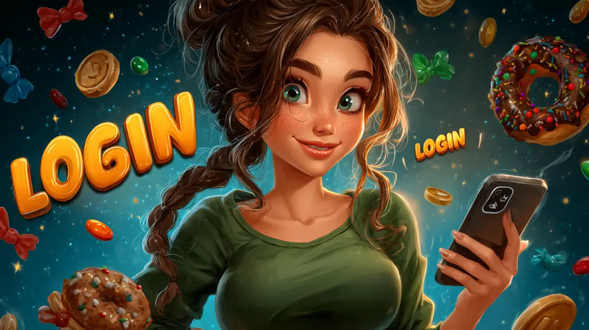 A friendly cartoon-style girl with braided brown hair holds a smartphone and a donut, with large 3D LOGIN text floating amidst candies and sweets.