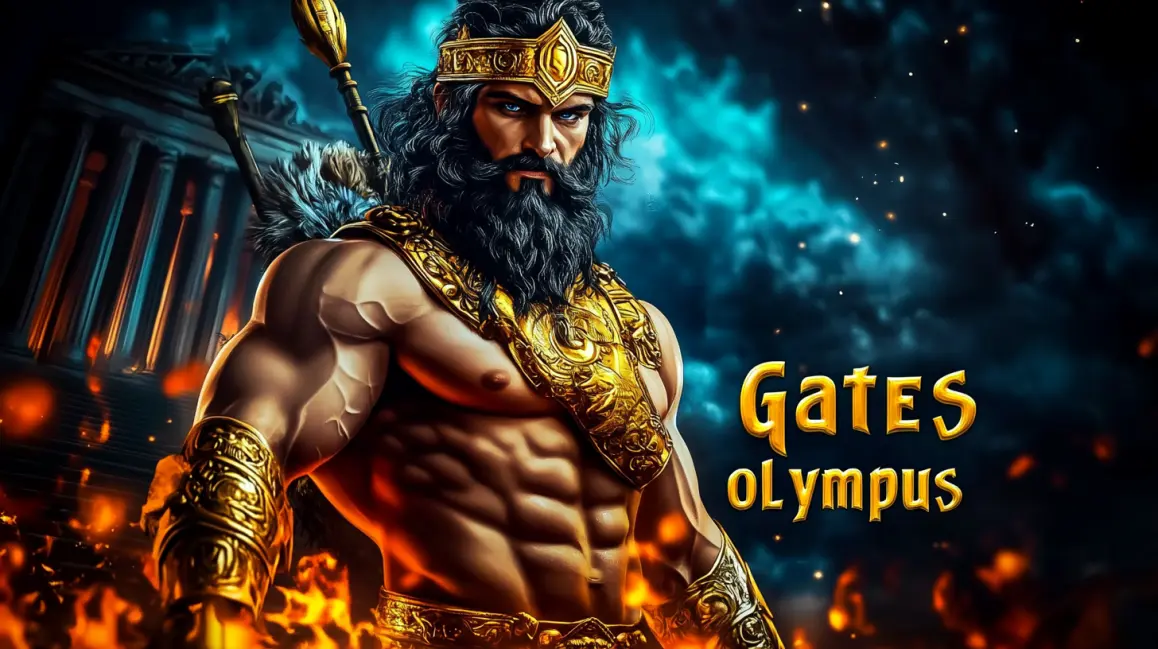 The powerful Greek god Zeus from the Gates of Olympus slot game stands heroically amidst fire and ancient columns, showcasing his muscular physique.